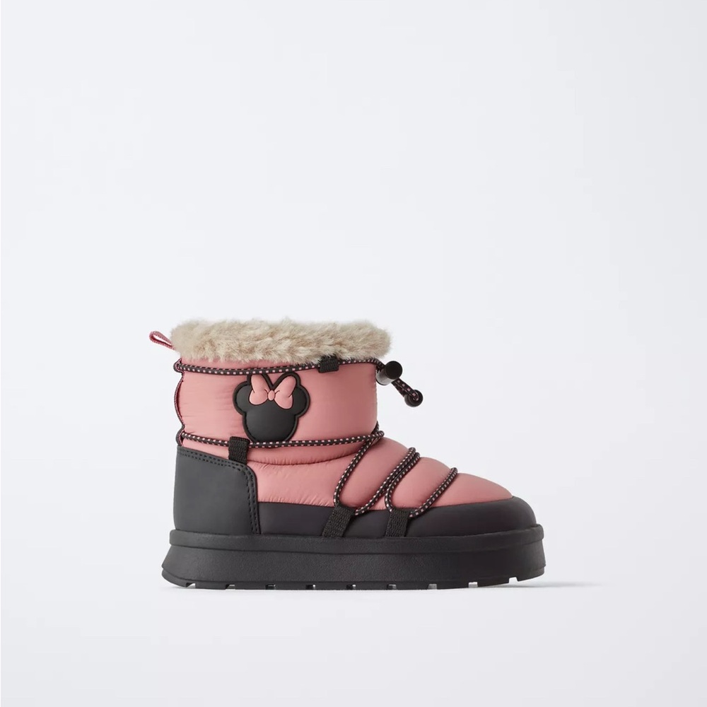 ZARA GIRLS Mickey Mouse  Disney quilted snow boots black pink warm size 10.5